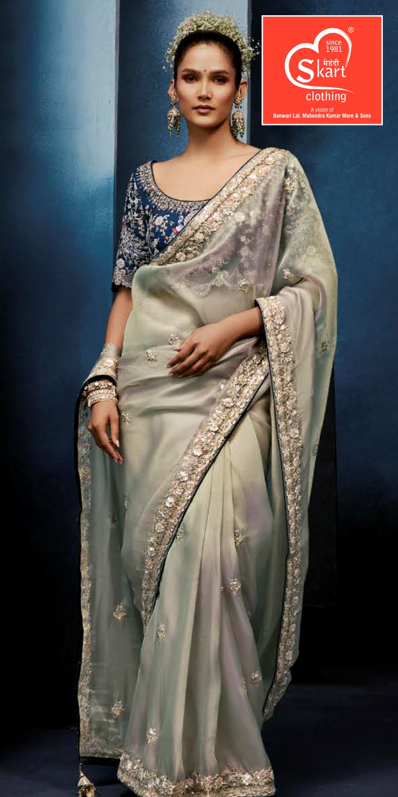 Premium Pure Chiffon Boutique Work Saree with Designer Blouse | Silver Grey Part - View 2