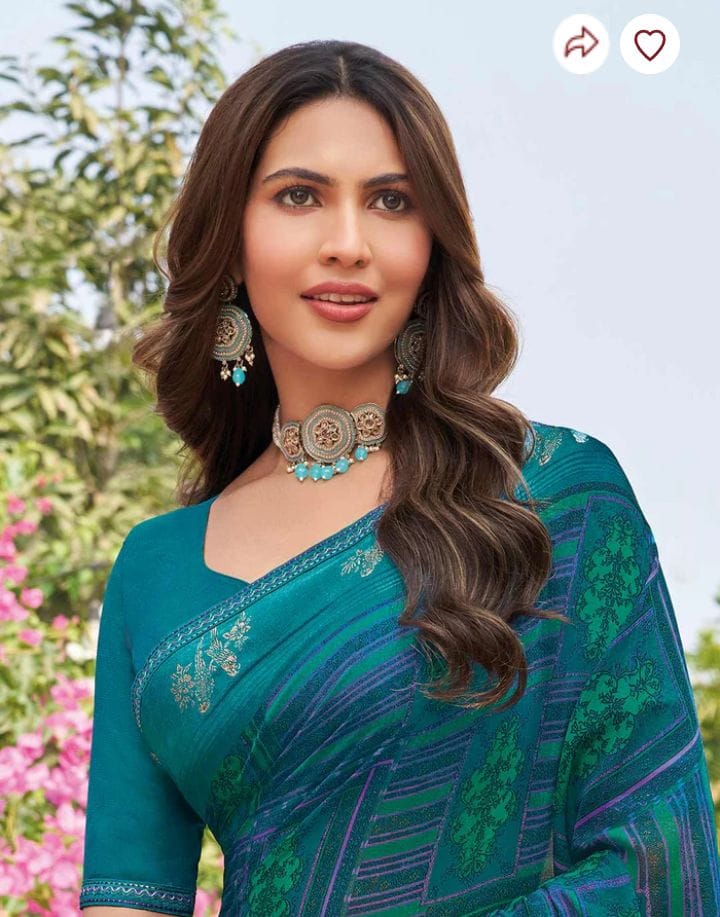 Premium Printed Chiffon Saree with Matching Blouse | Emerald Green Casual & Party Wear Saree - View 2