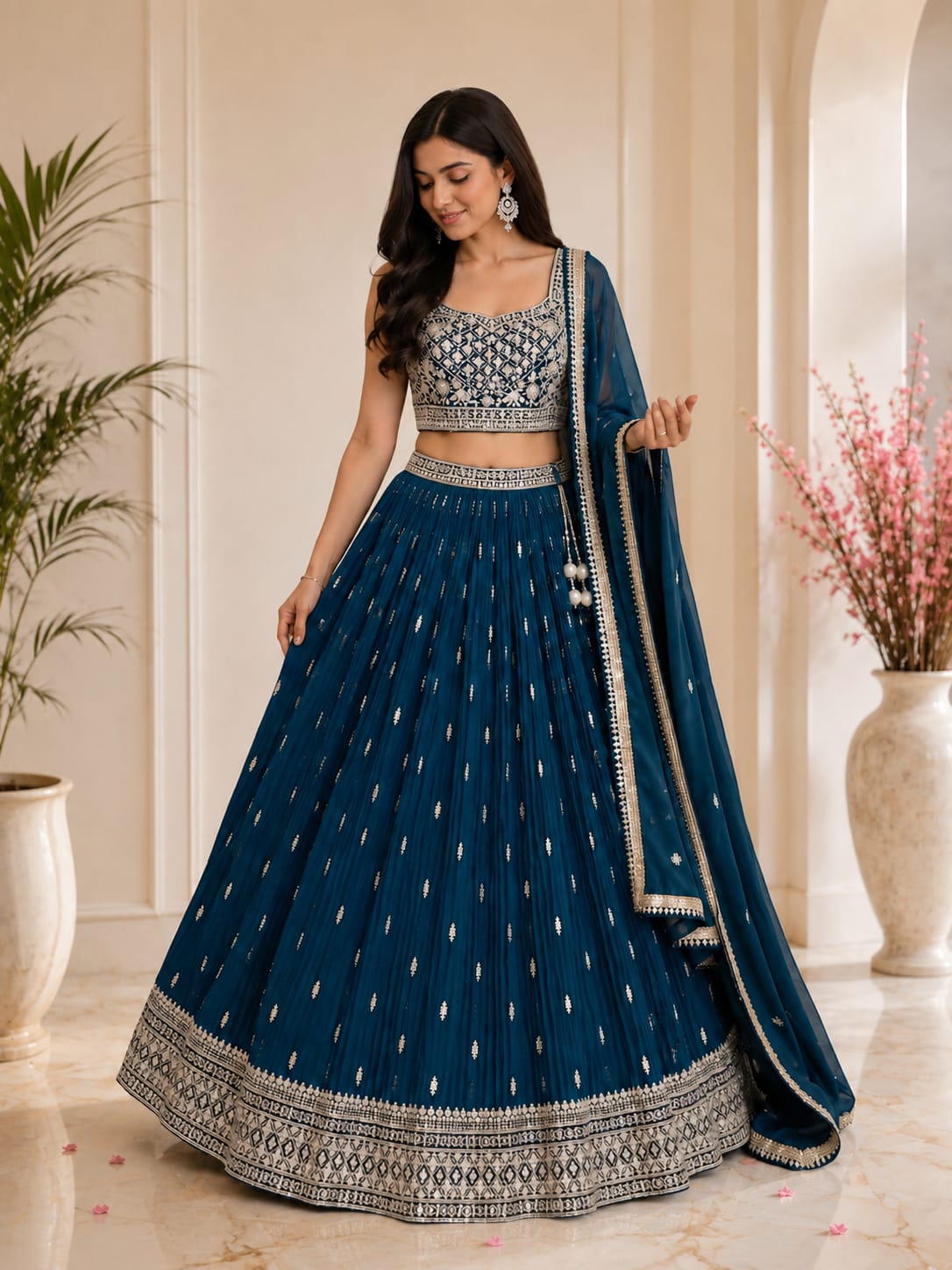 Women's Royal Blue Embroidered Crop Top Lehenga Set with Dupatta – Premium Festive & Wedding Wear - View 2