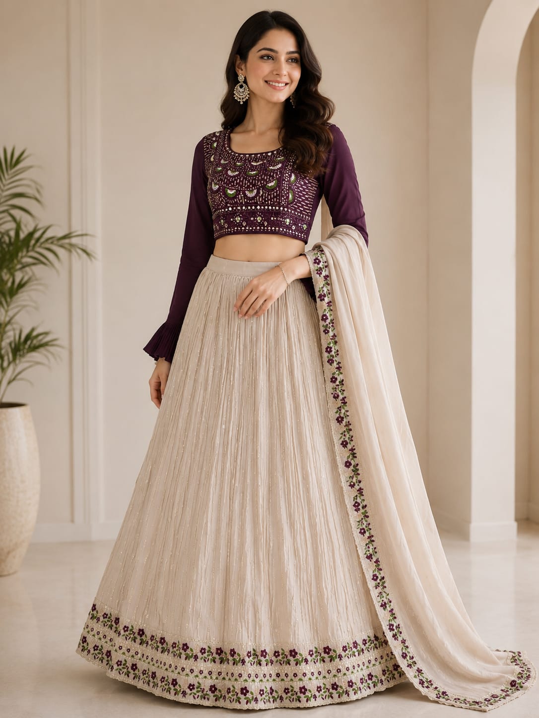 Women's Ivory & Wine Embroidered Crop Top Lehenga Set with Designer Dupatta – Premium Festive & Wedding Wear - View 2