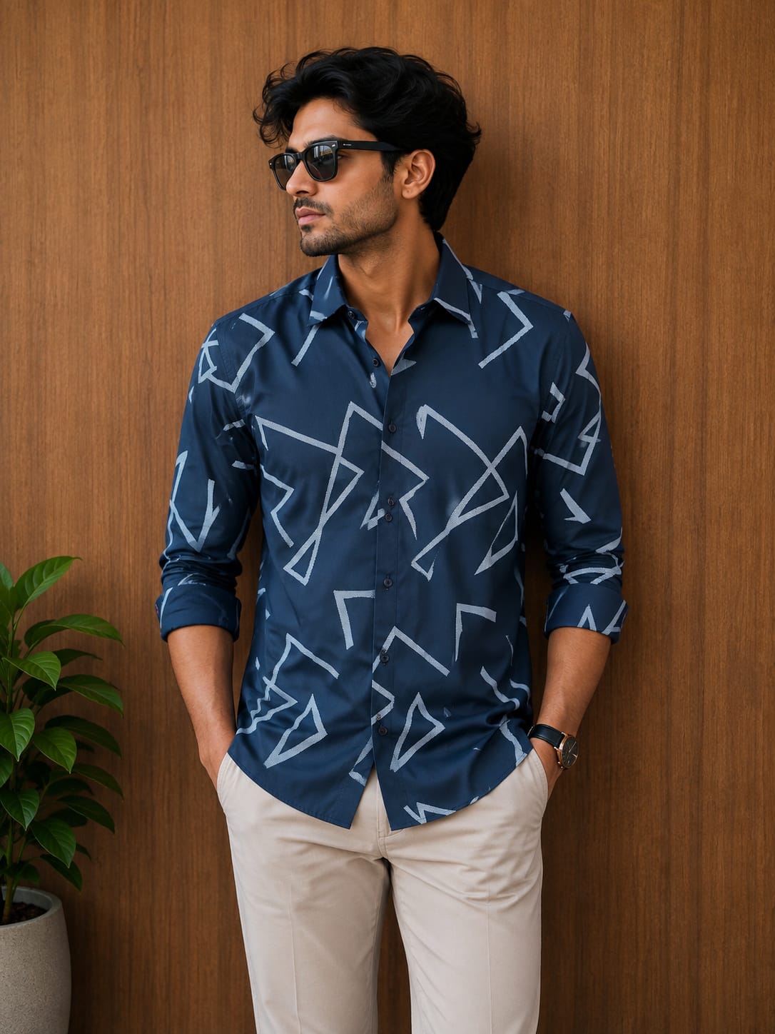 Rare Rabbit Men's Navy Blue Geometric Printed Premium Cotton Shirt - View 2