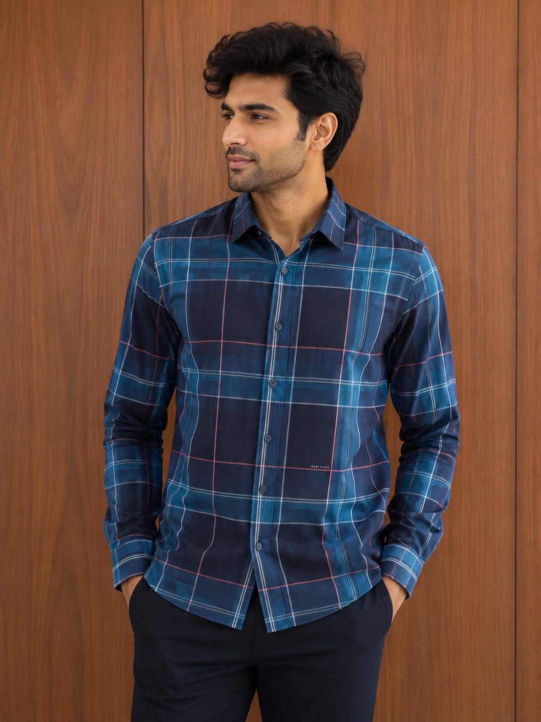Rare Rabbit Men's Navy Blue Checked Premium Cotton Shirt - View 2