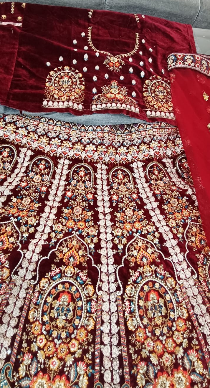 Royal Maroon Zardozi Embroidered Bridal Lehenga with Ivory Dupatta - View 2