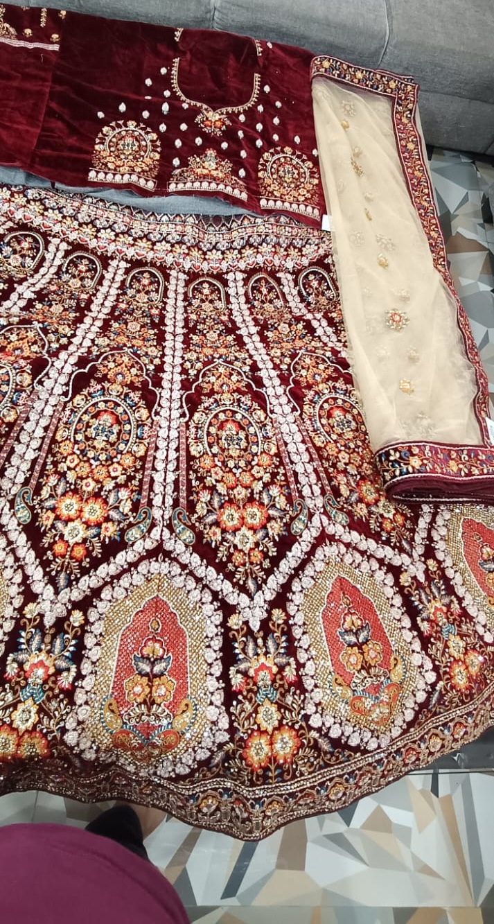Royal Maroon Zardozi Embroidered Bridal Lehenga with Ivory Dupatta - View 3