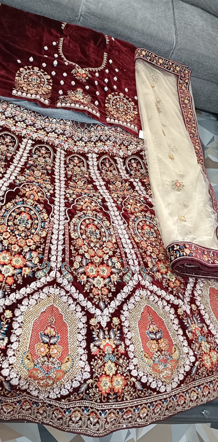Royal Maroon Zardozi Embroidered Bridal Lehenga with Ivory Dupatta - View 4