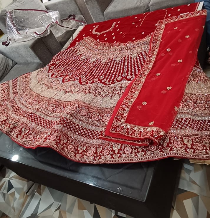 Classic Red Bridal Lehenga with Intricate Ivory Embroidery - View 3