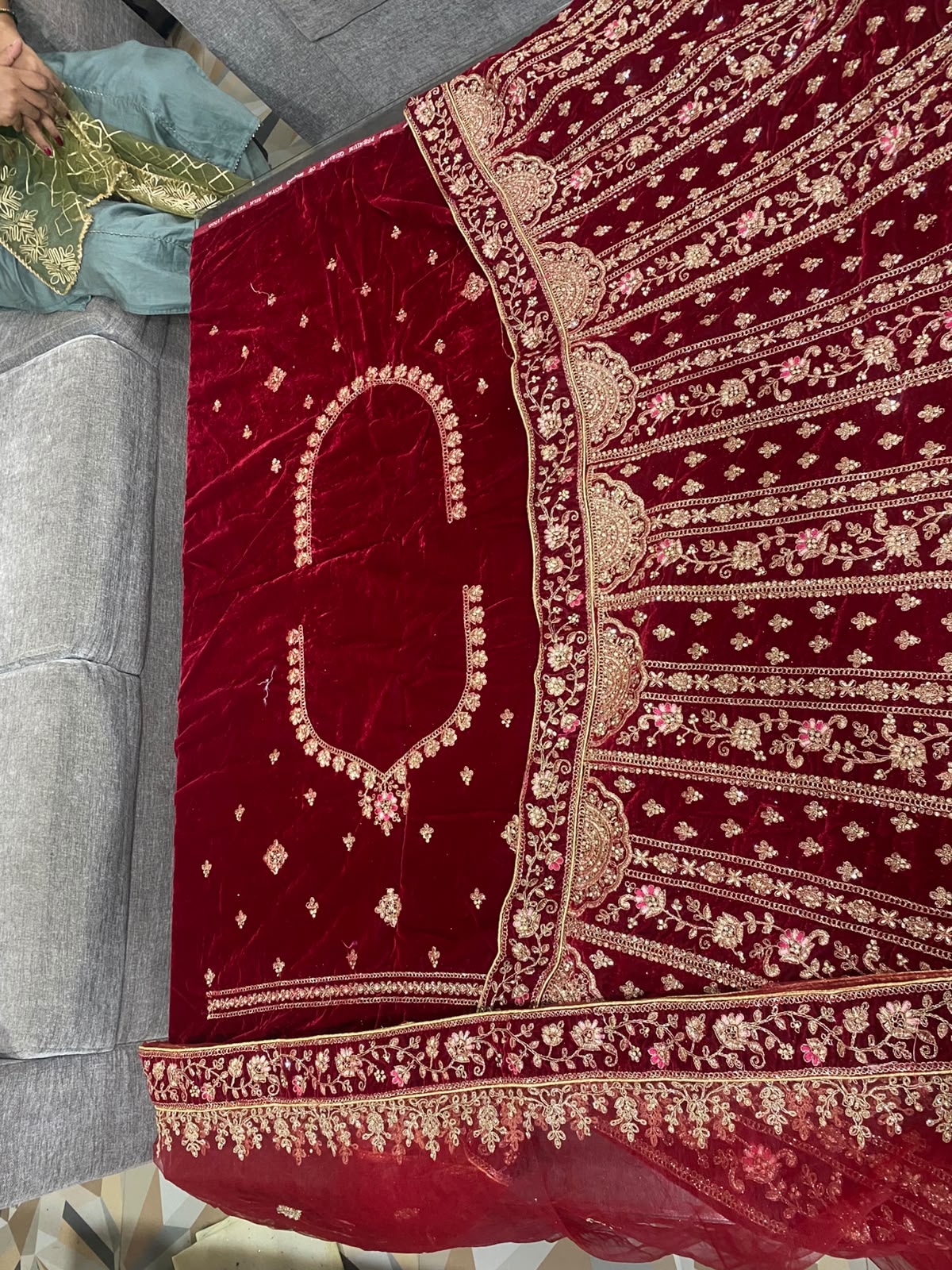 Royal Wine Velvet Bridal Lehenga with Antique Gold Embroidery - View 2