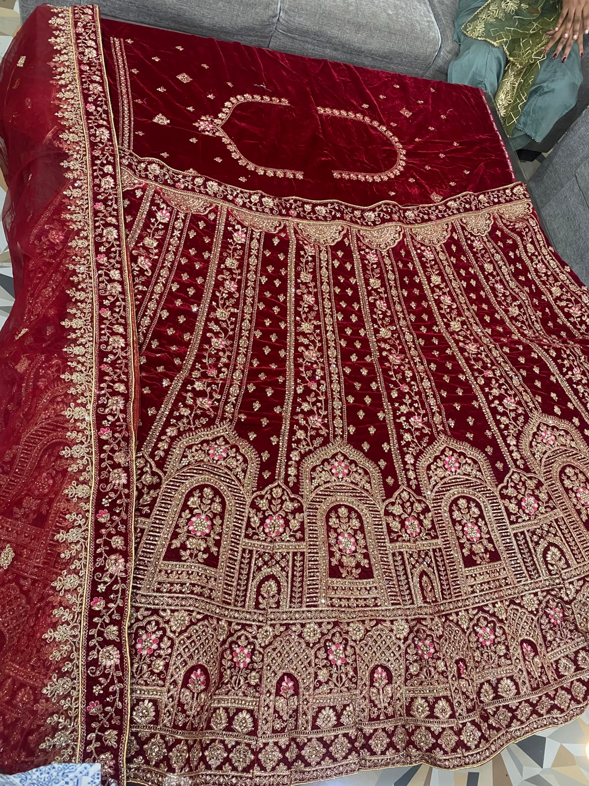 Royal Wine Velvet Bridal Lehenga with Antique Gold Embroidery - View 3