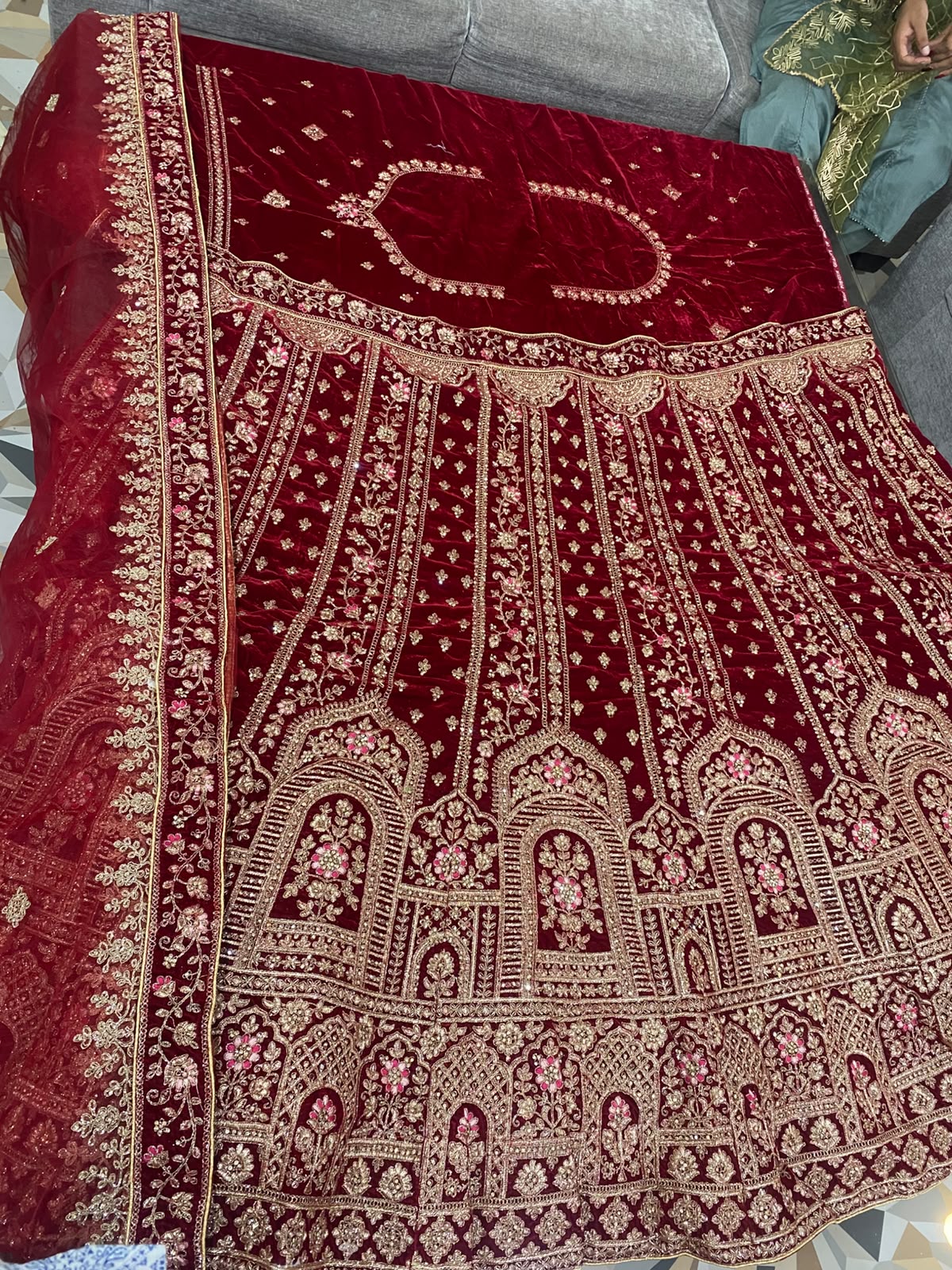 Royal Wine Velvet Bridal Lehenga with Antique Gold Embroidery - View 4