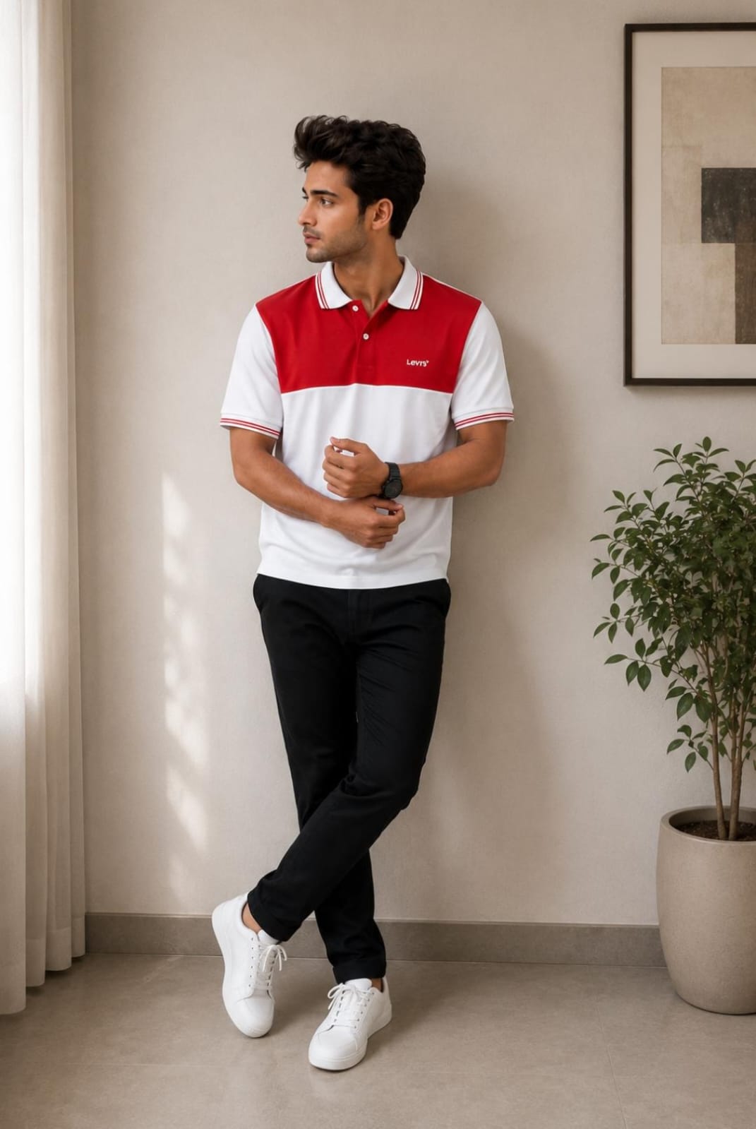Levi’s Men’s Red and White Colour-Block Polo T-Shirt - View 2