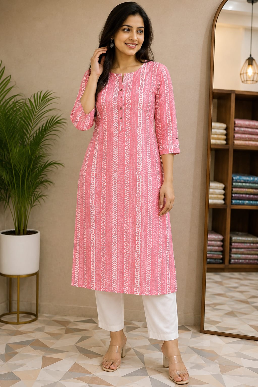 Pink and White Printed Straight Kurti for Women - View 2