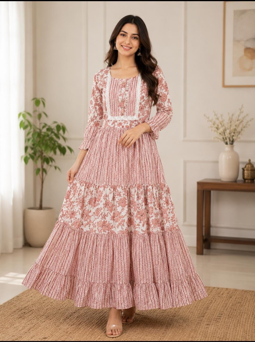 Blush Pink Floral Printed Tiered Anarkali Dress - View 2