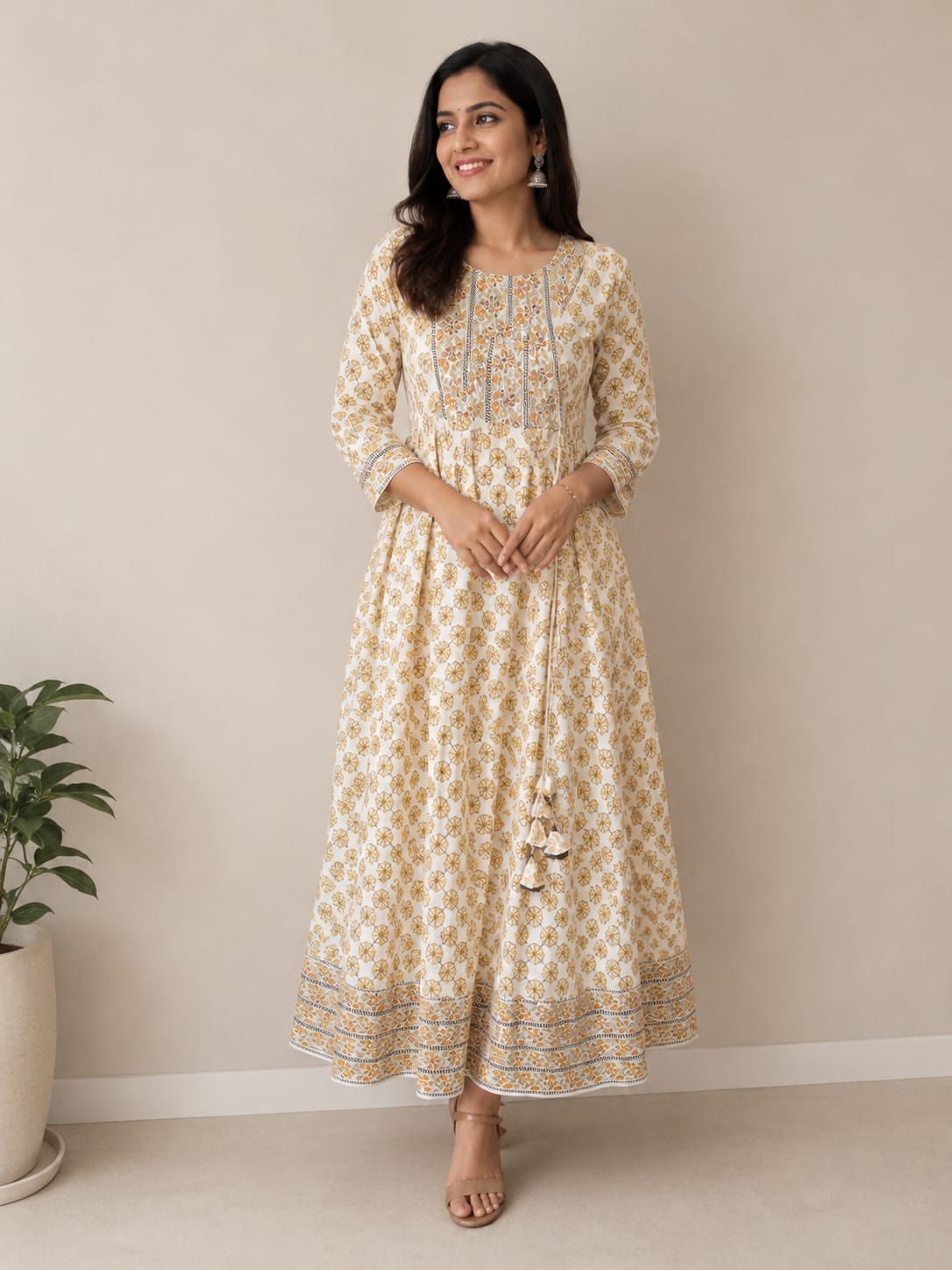 Ivory and Mustard Floral Printed Flared Anarkali Kurti for Women - View 2