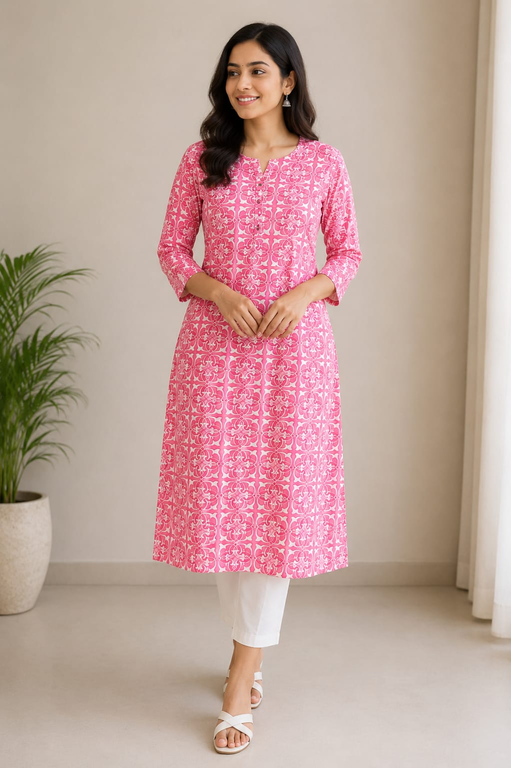 Pink and White Geometric Floral Printed Straight Kurti for Women - View 2