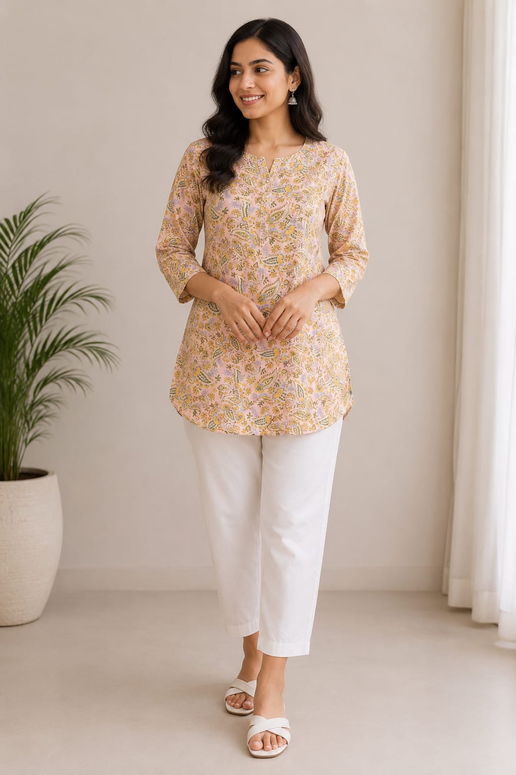 Peach Paisley Printed Short Kurti for Women - View 2