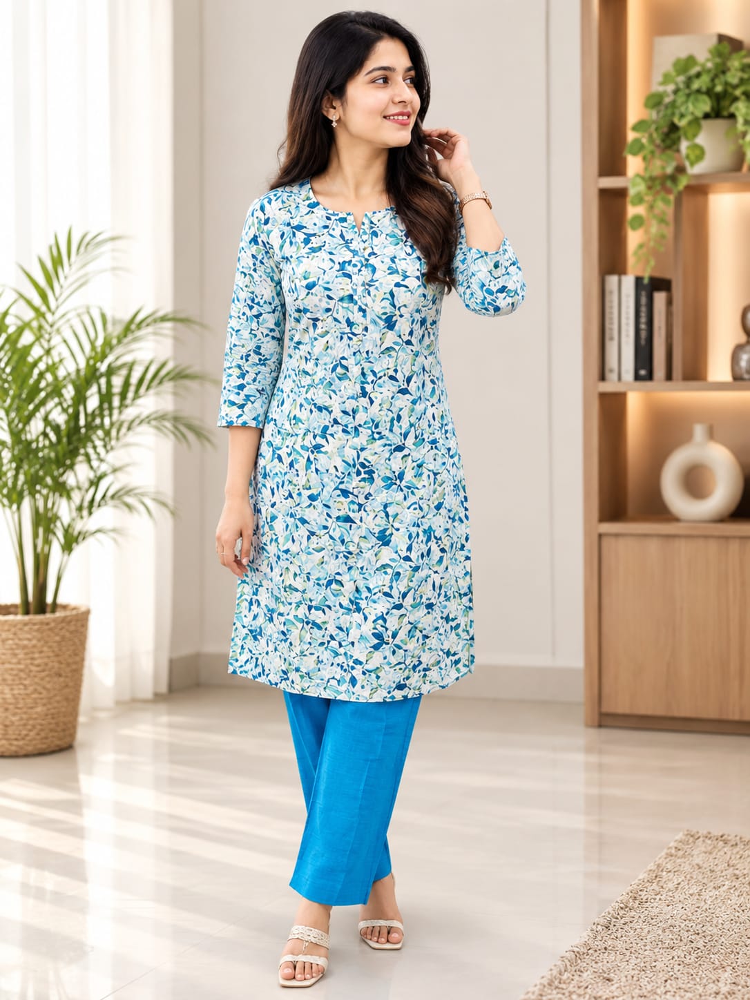 Blue Floral Printed Straight Kurti with Matching Pants – Top & Bottom Set - View 2