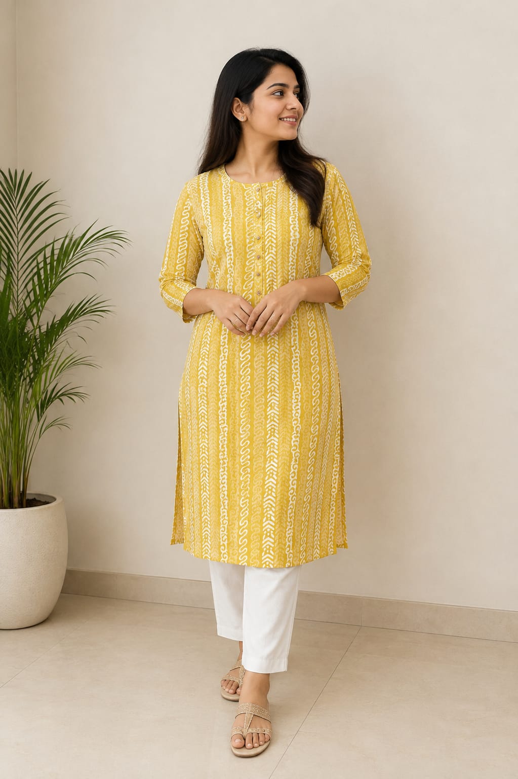 Mustard Yellow and White Printed Straight Kurti for Women - View 2
