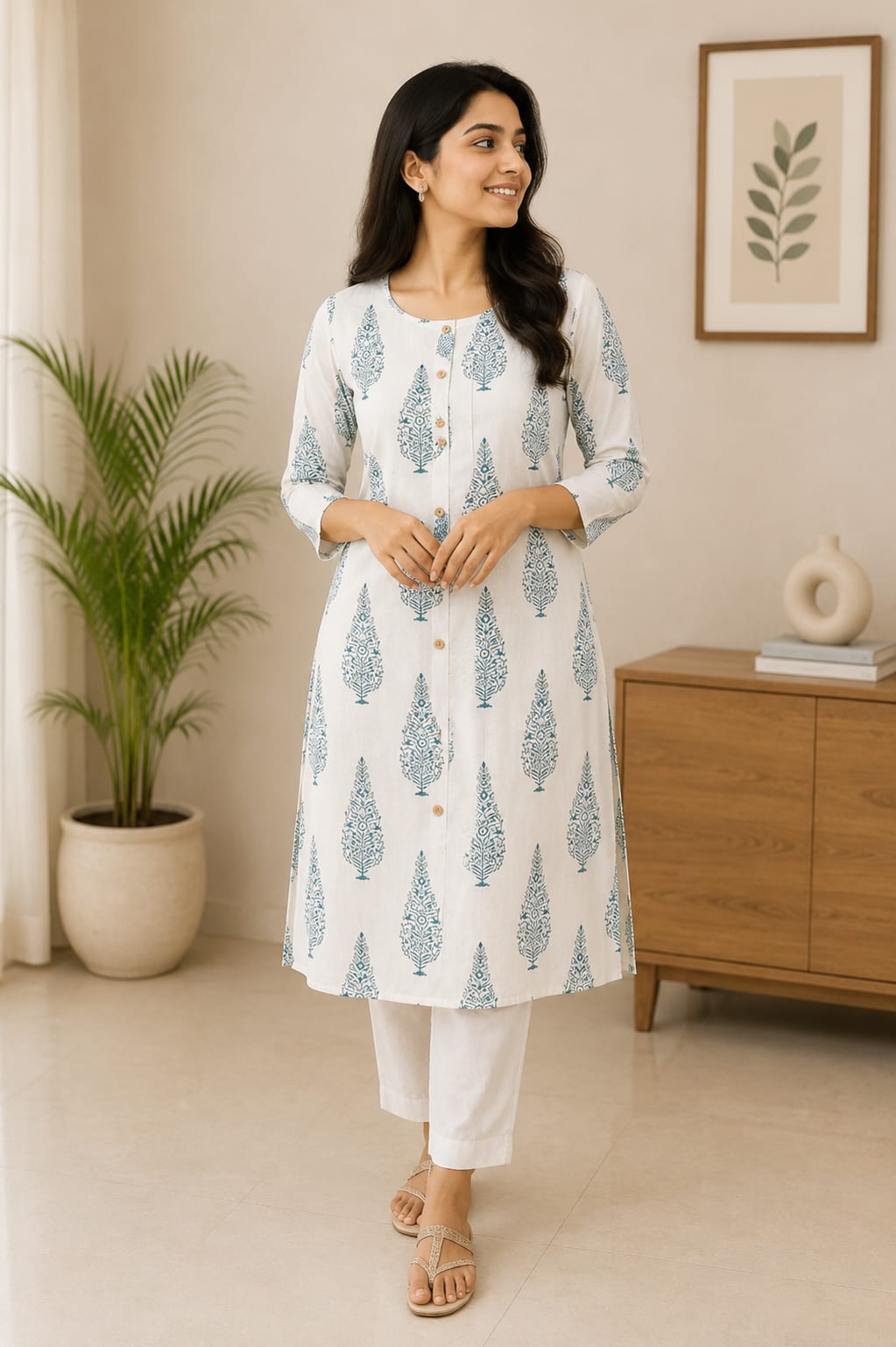White and Teal Ethnic Motif Printed Button-Down Kurti for Women - View 2