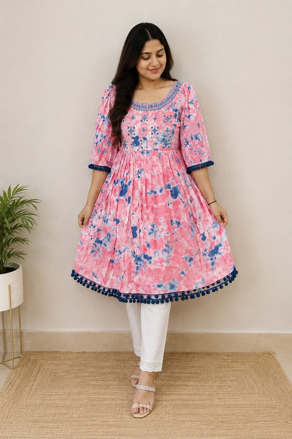 Pink and Blue Tie-Dye Printed Flared Kurti for Women - View 2