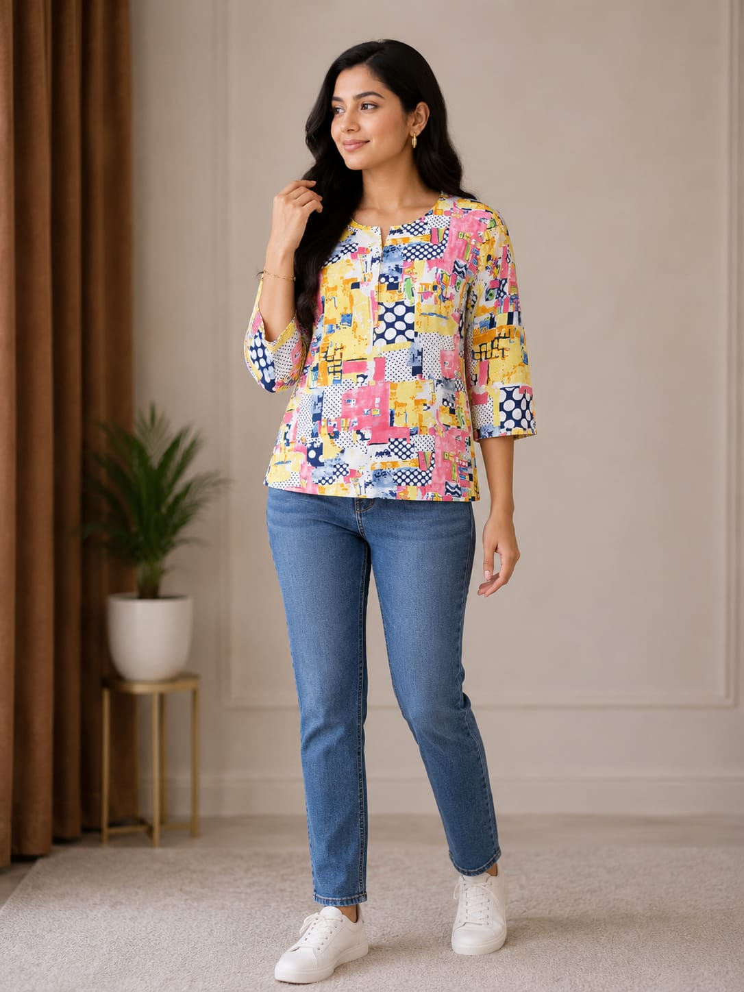 Colorful Abstract Printed Women’s Casual Top - View 2