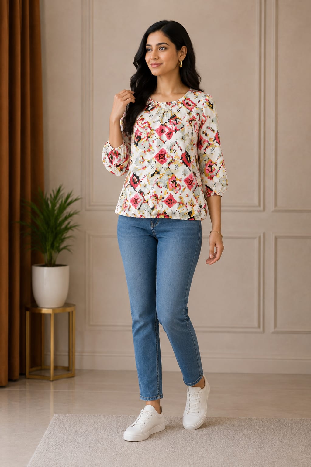 Floral Printed Women’s Casual Top with 3/4 Sleeves - View 2
