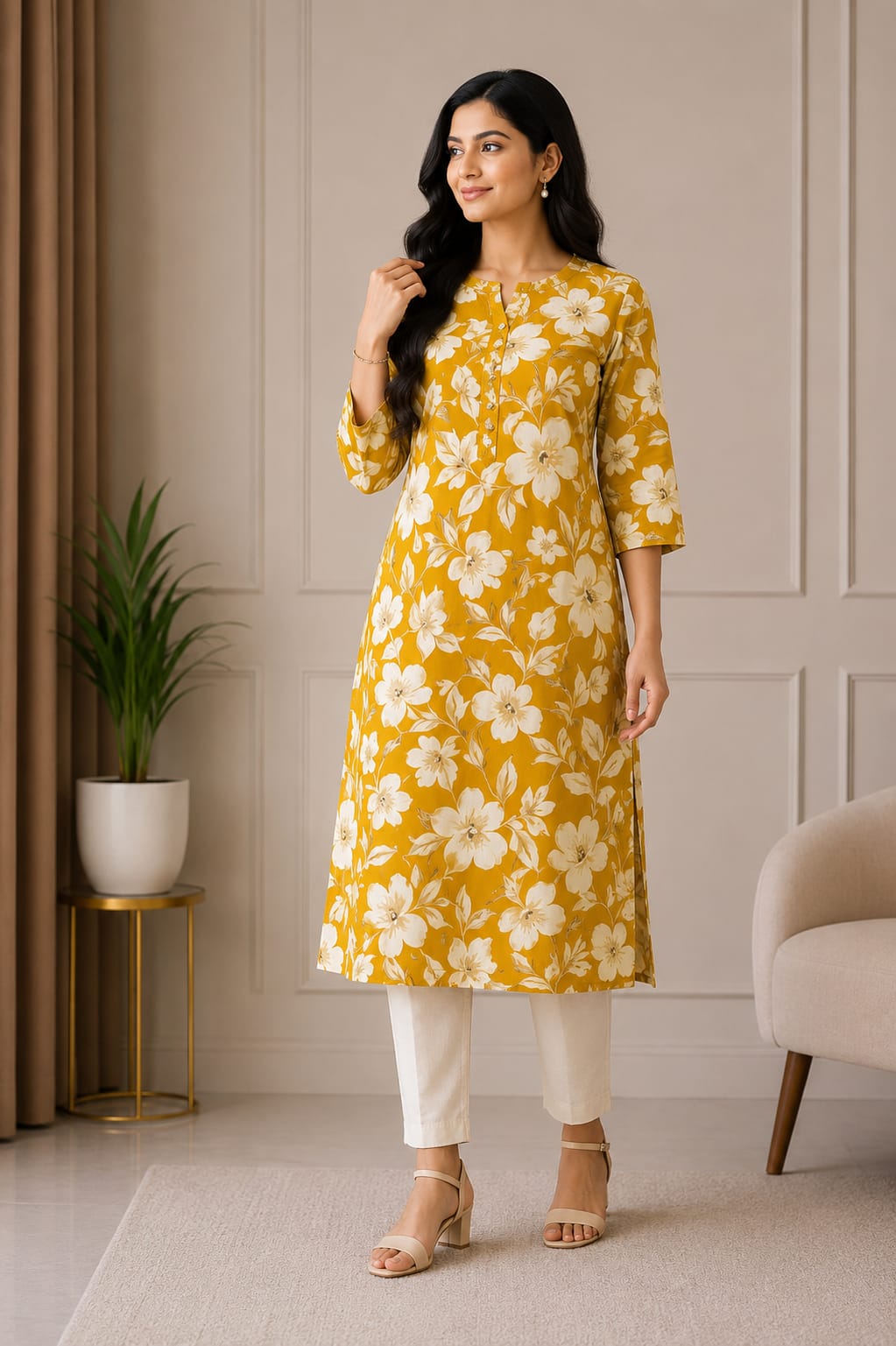 Elegant Mustard Yellow Floral Printed Women’s Kurti - View 2