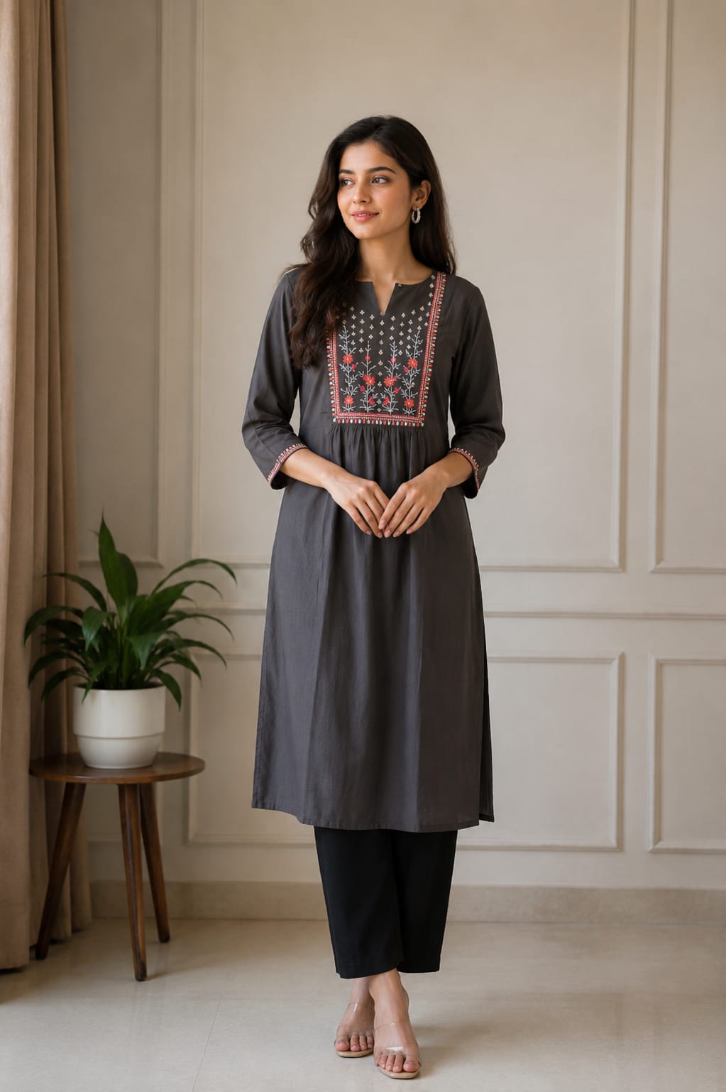 Elegant Charcoal Grey Embroidered Women’s Kurta - View 2
