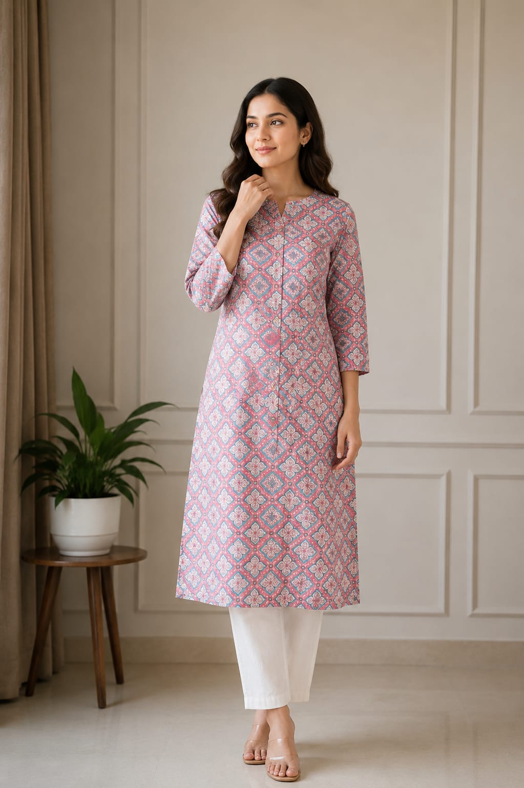 Elegant Pink & Blue Printed Women’s Straight Kurti - View 2
