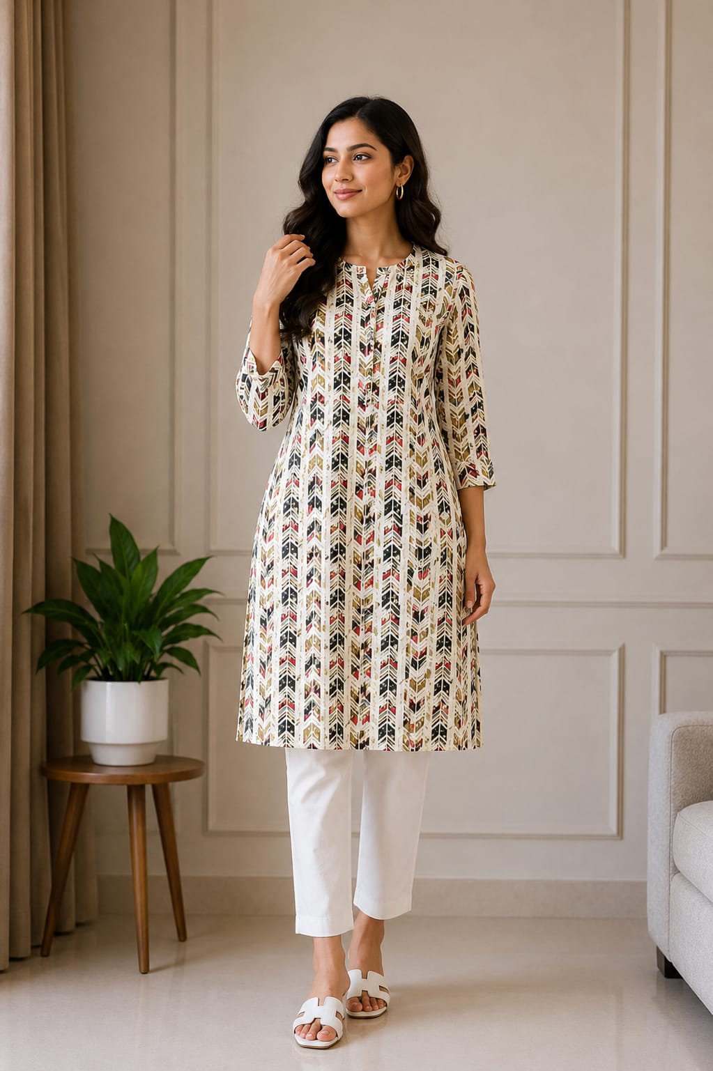 Cream Printed Women’s A-Line Kurti - View 2