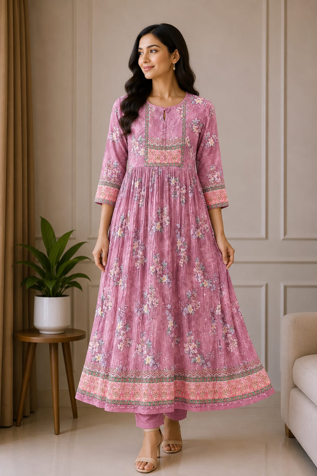 Pink Floral Printed Anarkali Kurti - View 2