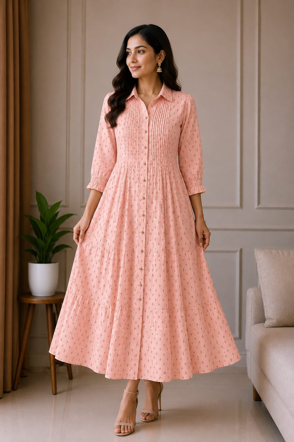 Peach Pink Printed Tiered Maxi Dress - View 2