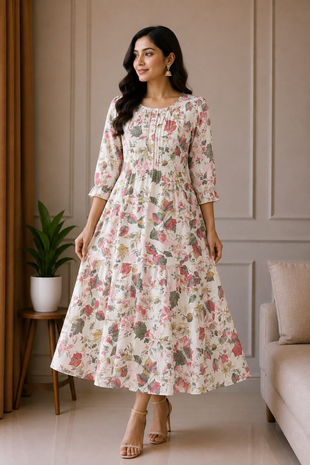 Elegant White Floral Printed Anarkali Dress - View 2