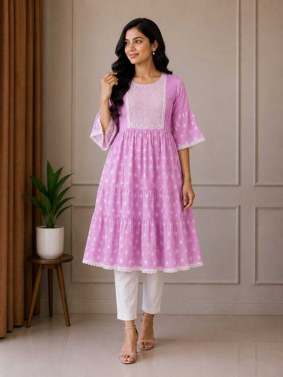 Lavender Pink Printed Tiered Kurta Set - View 2