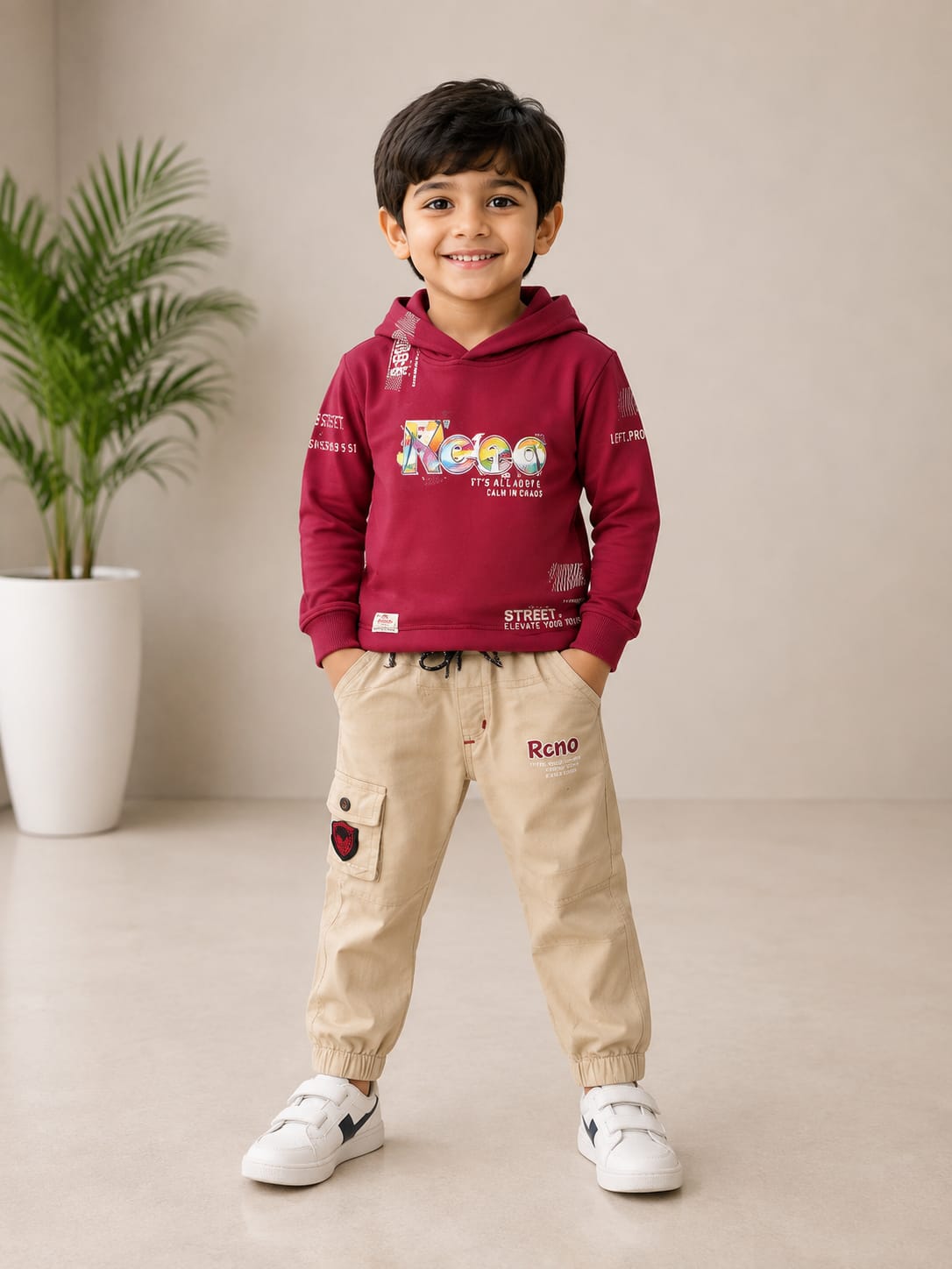Boys’ Maroon Graphic Hoodie with Beige Jogger Set - View 2