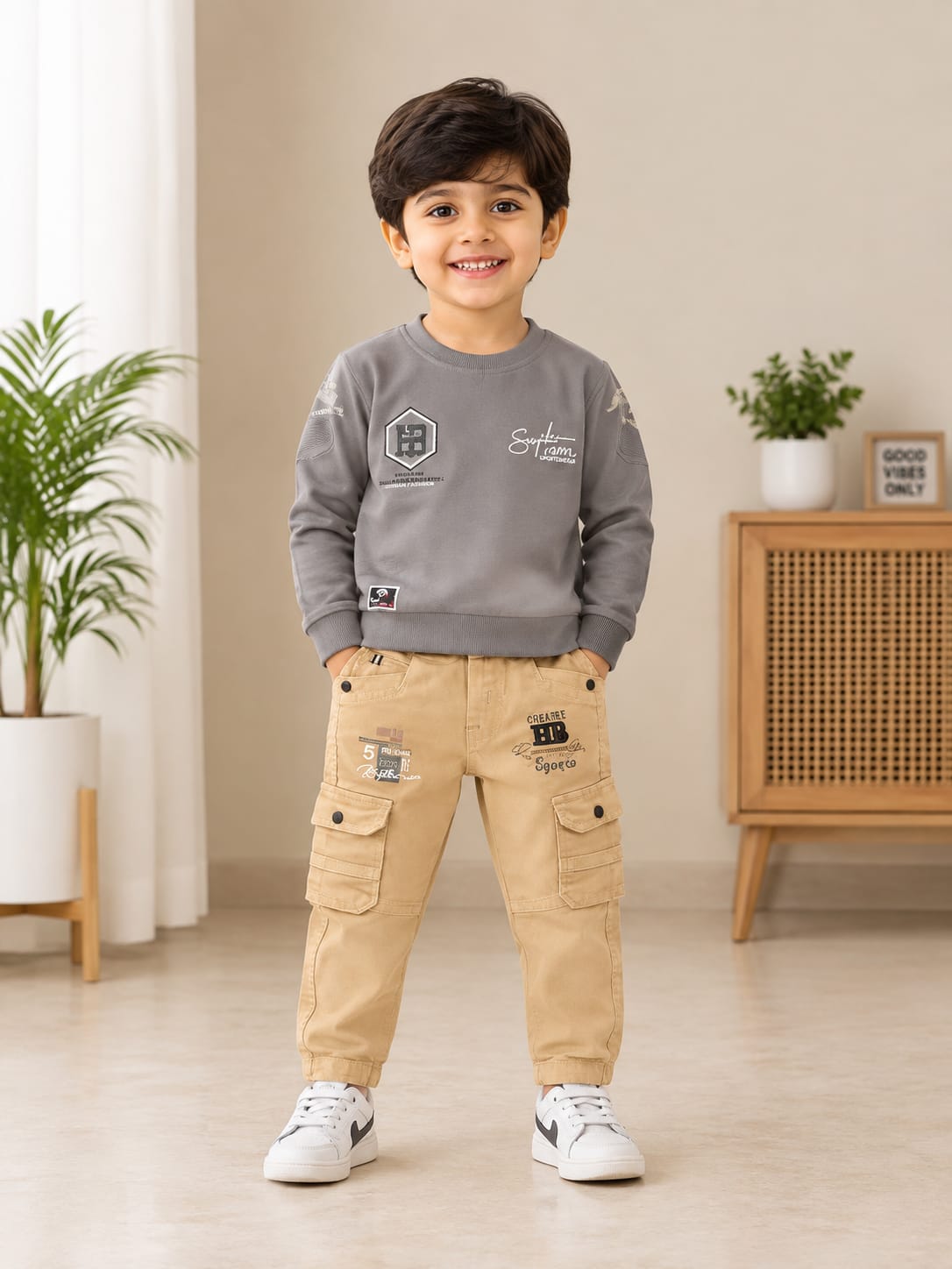 Boys’ Grey Printed Sweatshirt with Beige Cargo Pants - View 2