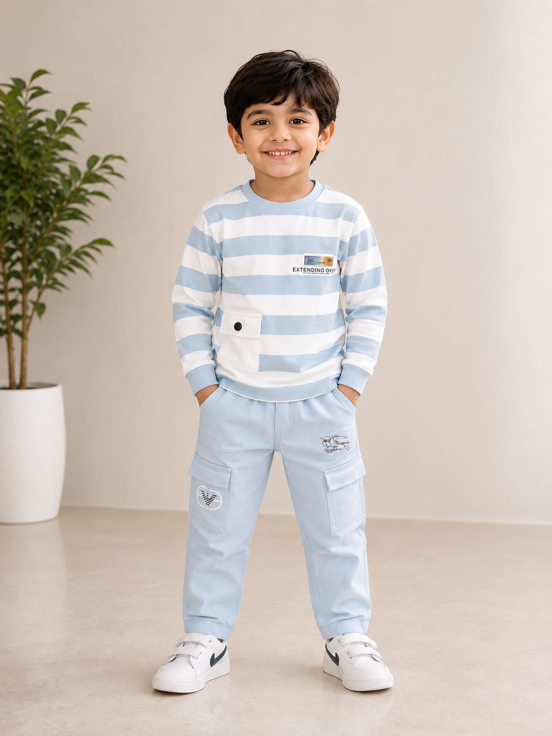 Boys’ Sky Blue Striped Sweatshirt with Matching Cargo Joggers - View 2