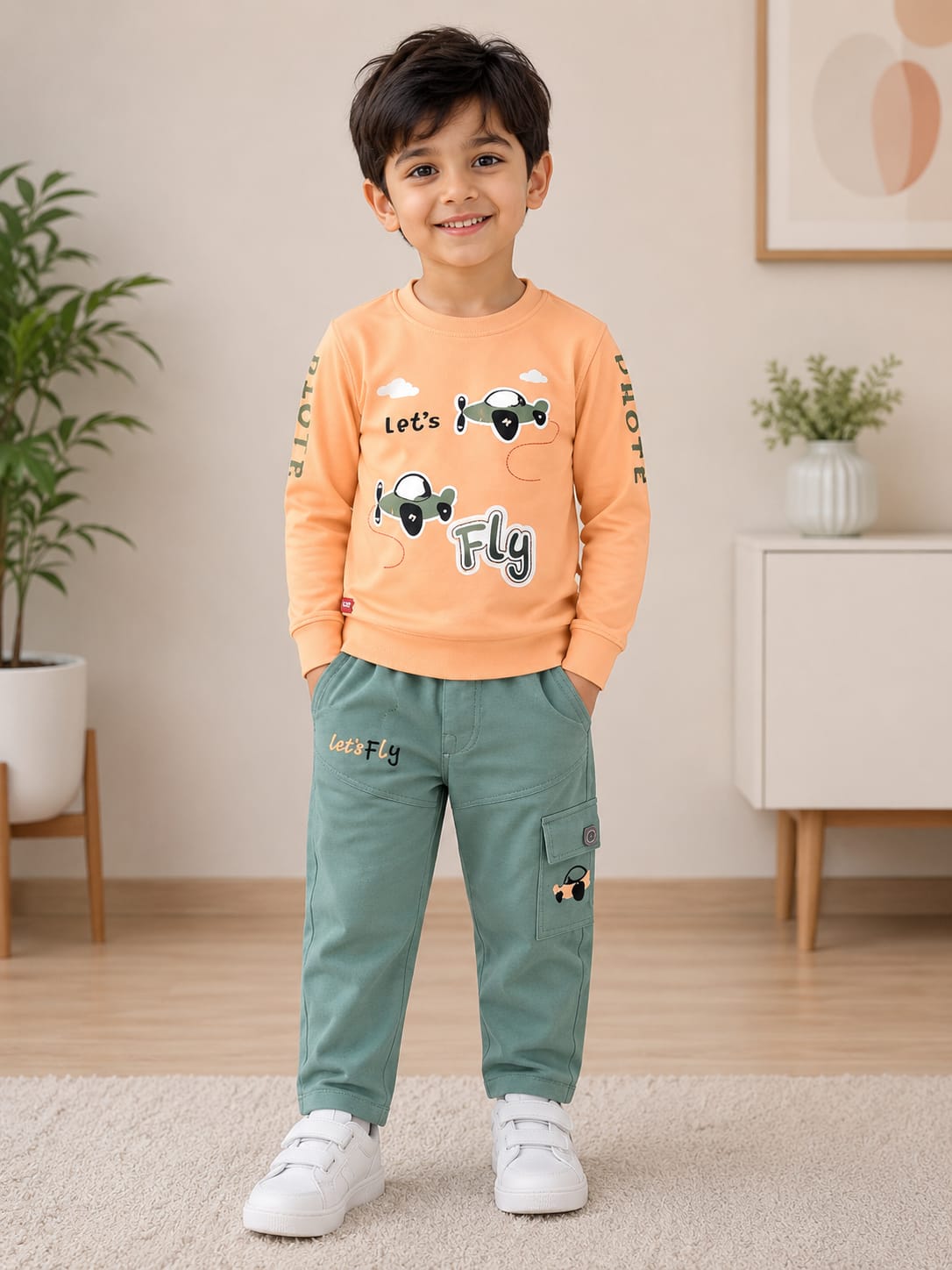 Boys’ Peach Graphic Sweatshirt with Sage Green Cargo Pants - View 2