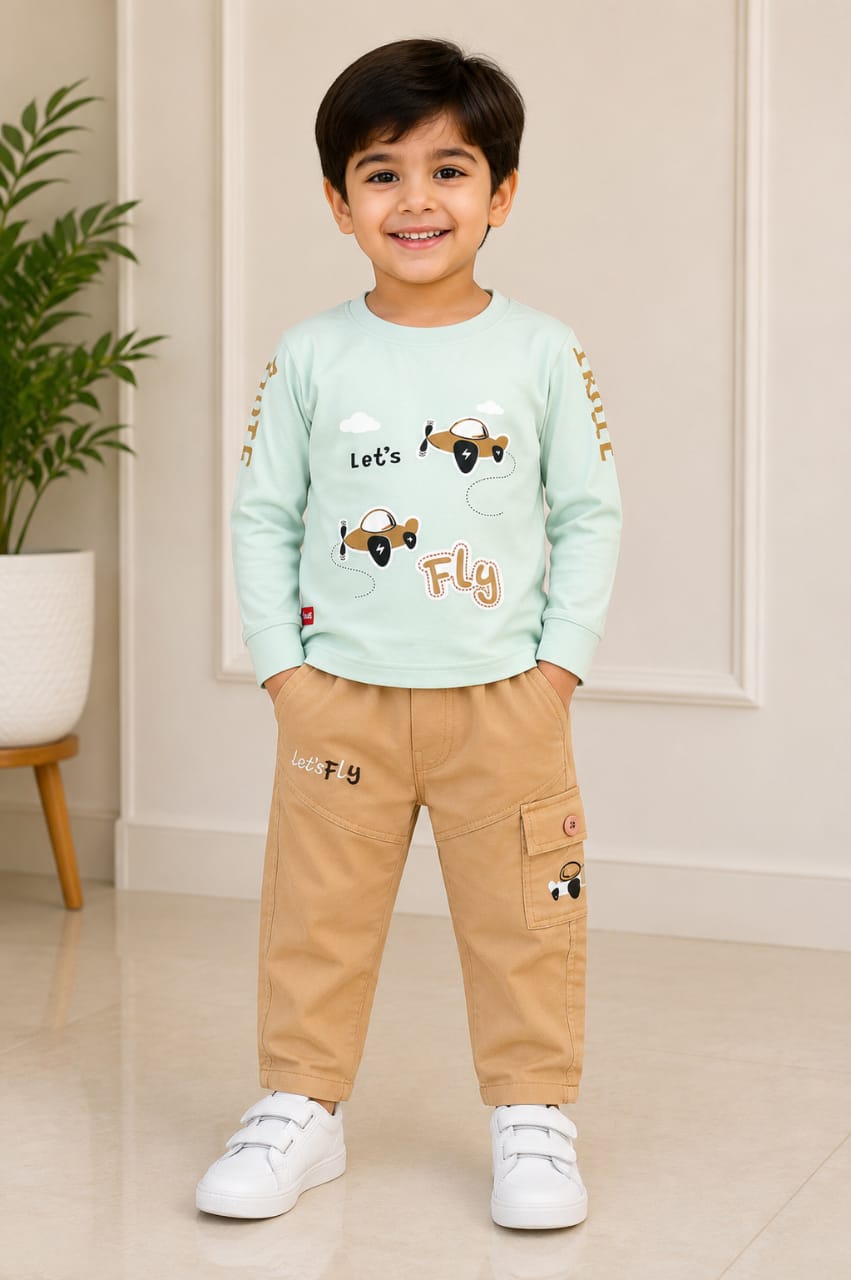 Boys’ Mint Green “Let’s Fly” Sweatshirt & Beige Cargo Pants Set - View 2