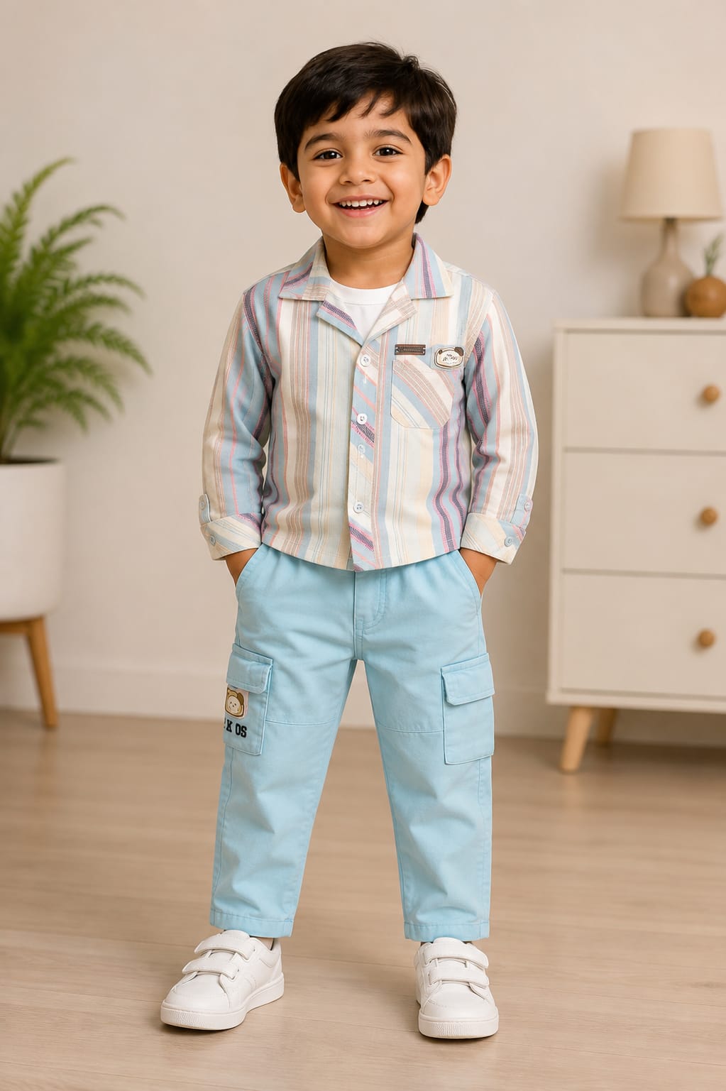 Boys’ Pastel Striped Shirt & Light Blue Cargo Pants Set - View 2