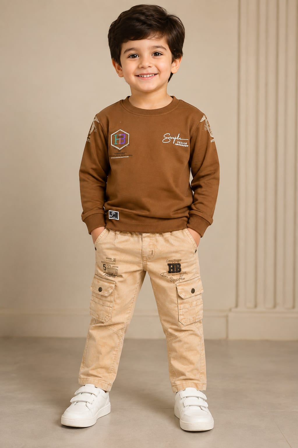 Boys’ Brown Graphic Sweatshirt & Beige Cargo Pants Set - View 2