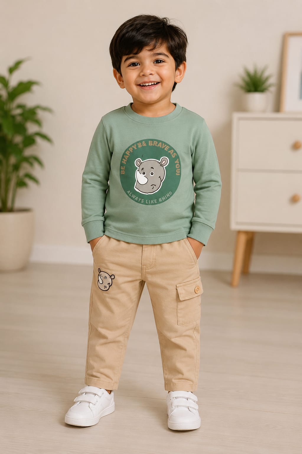 Boys’ Green Rhino Graphic Sweatshirt & Beige Cargo Pants Set - View 2