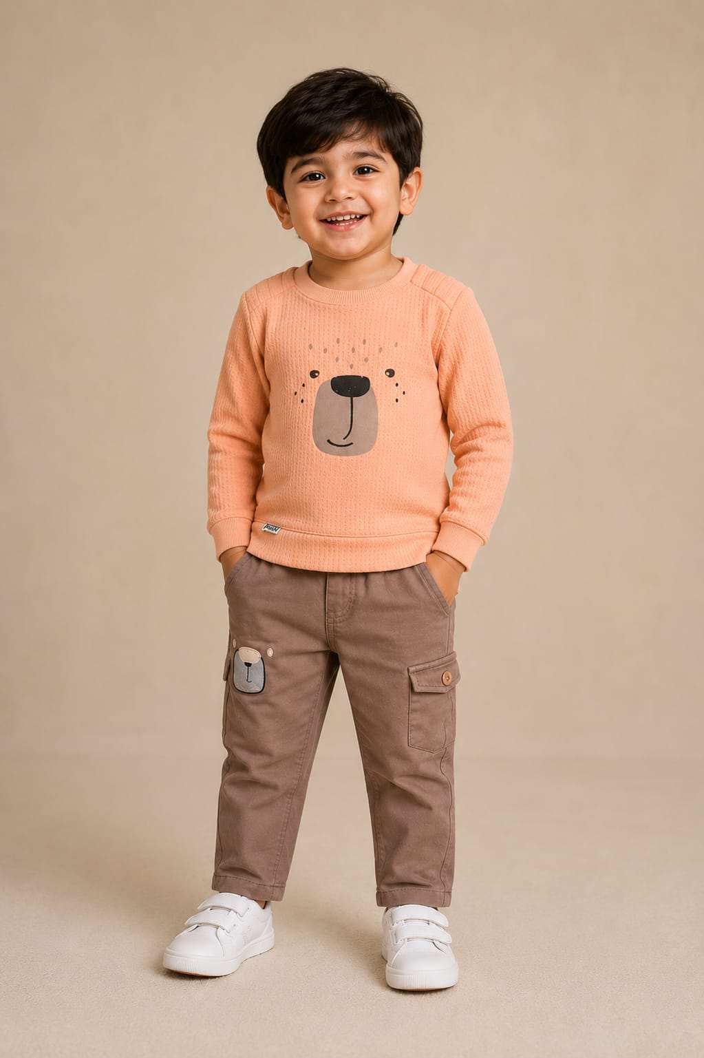 Boys’ Peach Bear Graphic Sweatshirt & Brown Cargo Pants Set - View 2