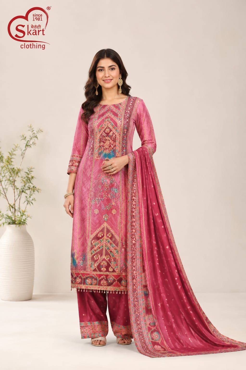 Women’s Pink Printed Straight Kurta Palazzo Set with Dupatta - View 2