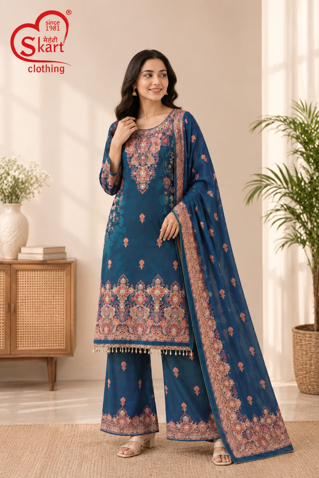 Women’s Blue Printed Kurta Palazzo Set with Dupatta - View 2