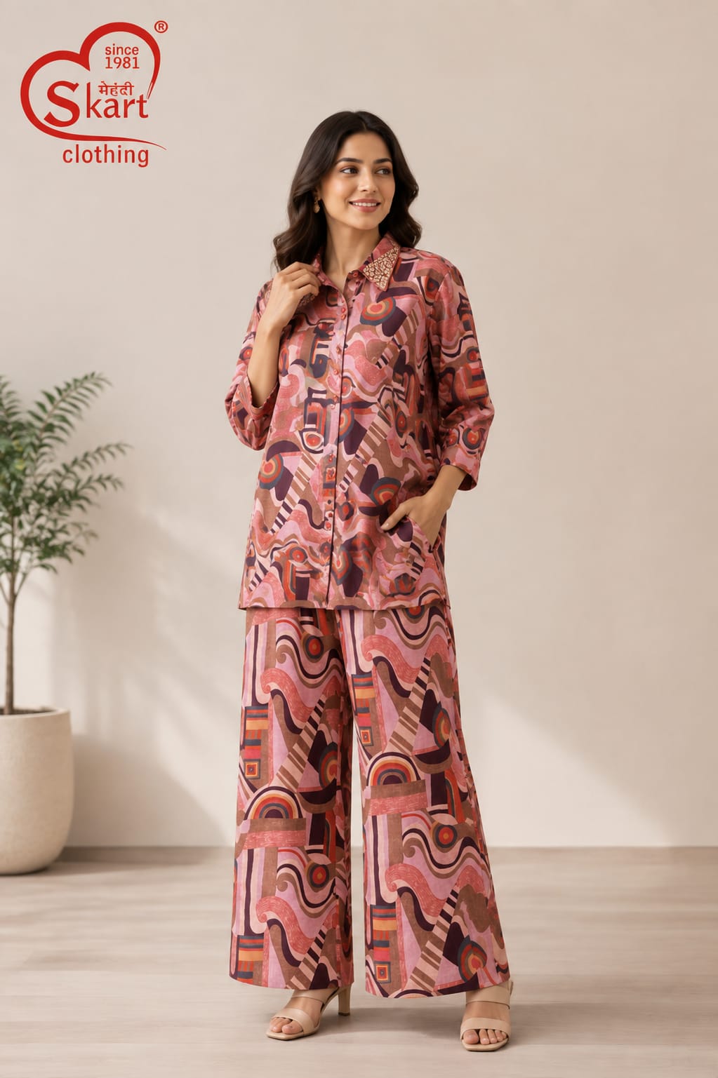 Women’s Pink Printed Shirt Style Co-Ord Set with Wide-Leg Pants - View 2