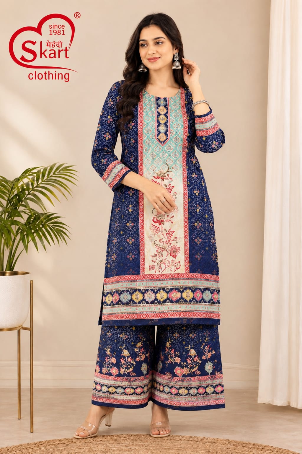 Women’s Navy Blue Printed Kurta Palazzo Set - View 2