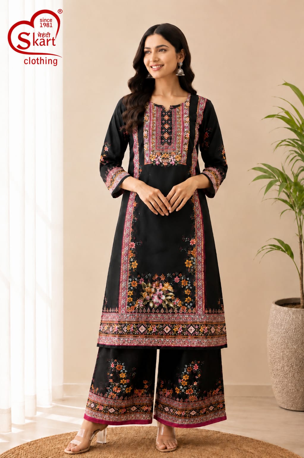 Women’s Black Floral Printed Kurta Palazzo Set - View 2