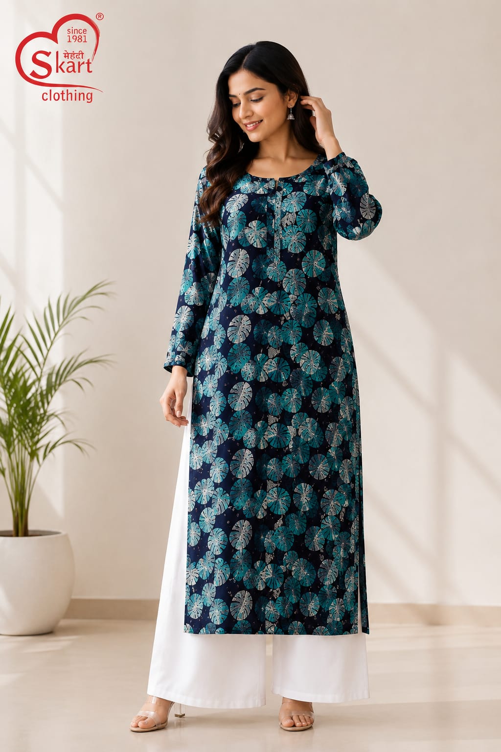 Women’s Navy Blue Floral Printed Kurta with White Palazzo - View 2