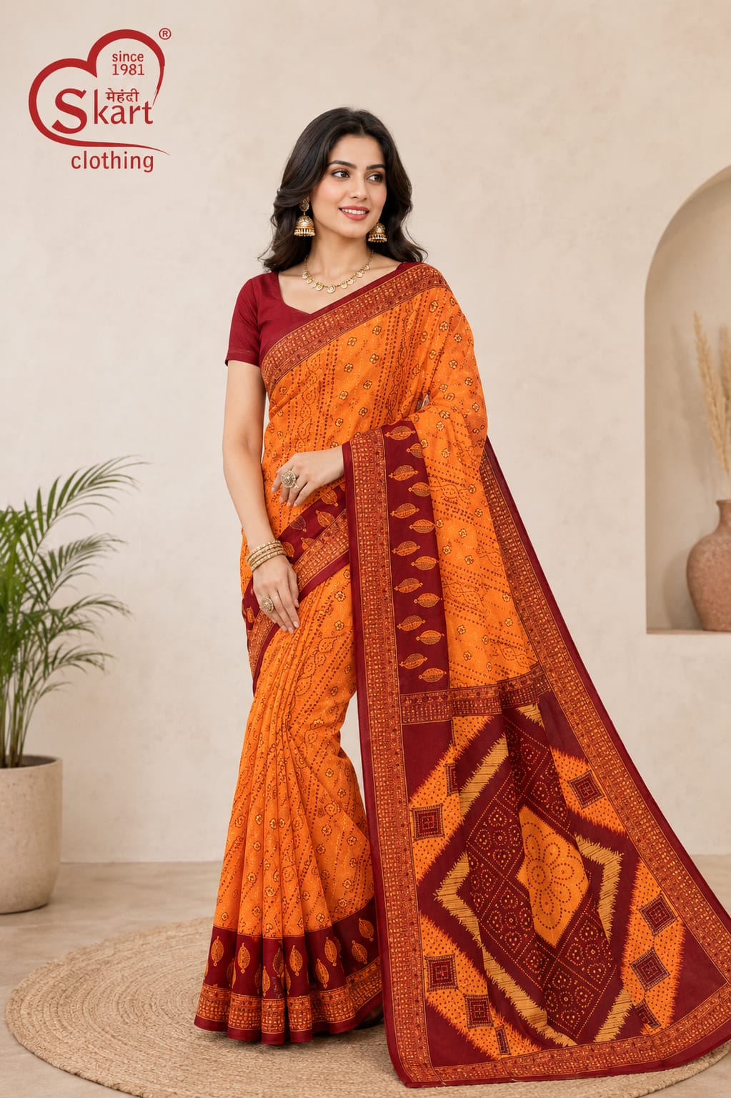 Women’s Orange & Maroon Traditional Printed Saree - View 2