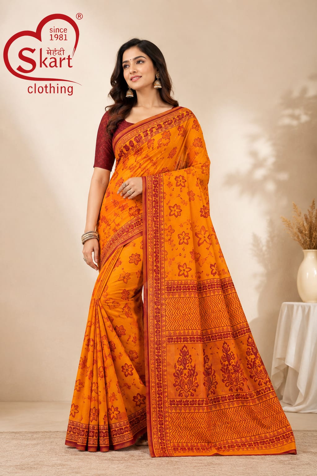 Women’s Mustard Yellow Printed Saree with Maroon Floral Border - View 2